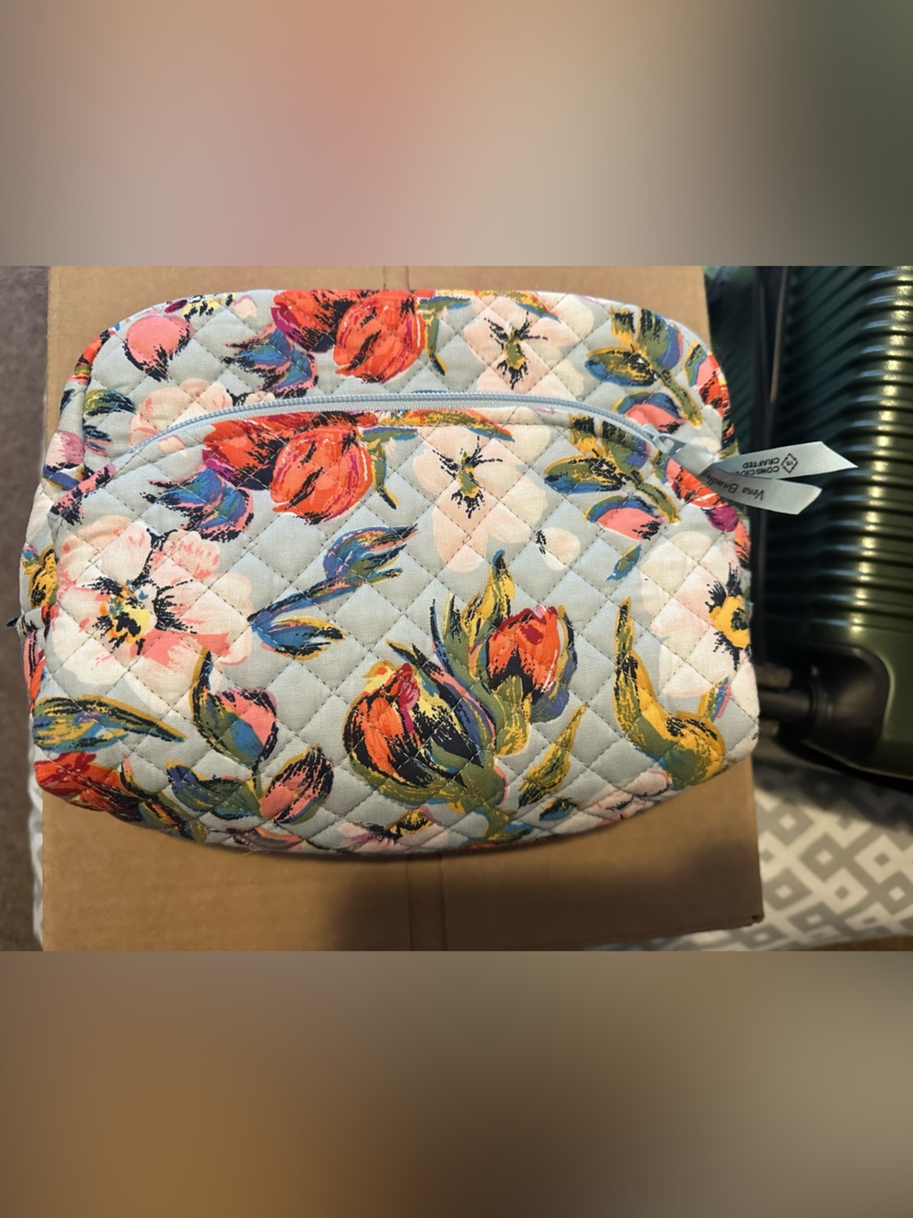 Vera Bradley Quilted Floral Cosmetic Bag in Light Blue, Coral & Yellow